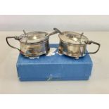 Pair of Silver Mustard Pots with spoons blue glass liners both in good condition un-cleaned