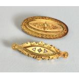 2 victorian 15ct Gold Brooches 1 set with small diamonds