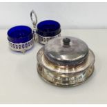 silver plated items includes blue glass liner sugar bowls with a silver plated muffin dish