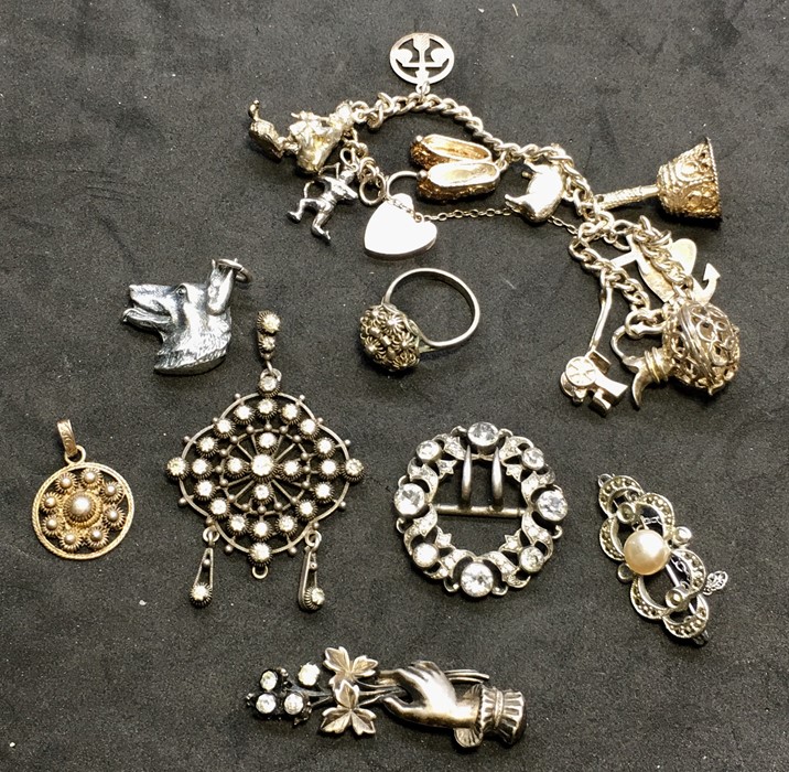 Selection of Antique /Vintage Silver Jewellery Iincludes silver charm bracelet paste set pendant etc