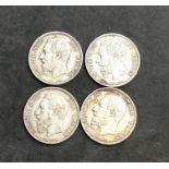 4 Antique Belgium silver 5 Franc Coins 1869,1870,1873