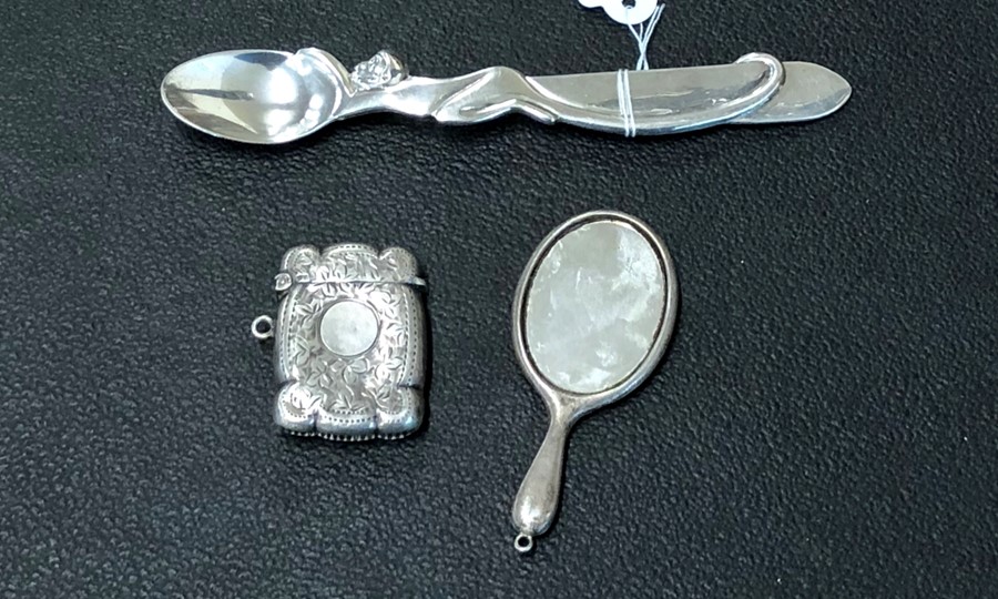 Tiffany & Co Sterling Infant Feeding Spoon silver vesta case and silver miniature mirror