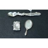 Tiffany & Co Sterling Infant Feeding Spoon silver vesta case and silver miniature mirror