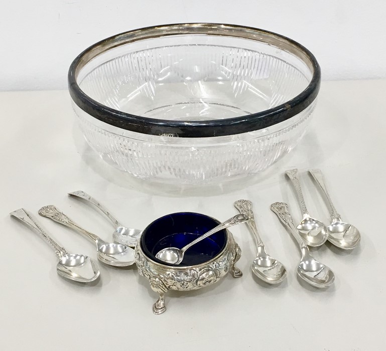 collection of silver includes silver rim fruit bowl tea spoons and victorian salt