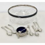 collection of silver includes silver rim fruit bowl tea spoons and victorian salt