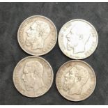 4 Antique Belgium silver 5 Franc Coins