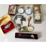 Selection of miscellaneous, to include 2 x pocket watches, 2 x wrist watches, silver thimble brooch,