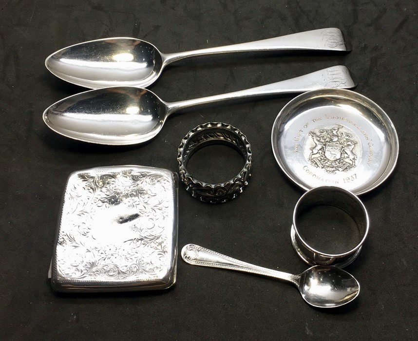 selection of silver item includes 2 georgian silver table spoons cigarette case etc total weight 320