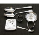 selection of silver item includes 2 georgian silver table spoons cigarette case etc total weight 320