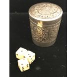 Antique German Silver Dice Box and Dice hallmarked 800 with 3 small dice measures approx 30mm tall