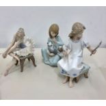 3 lladro figures in good uncleaned condition ..the ballerina figure has damage to dress image listed