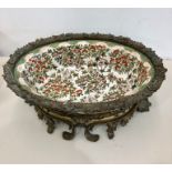 Large Ormolu mount Bowl Floral enamel painted bowl set in ormolu base and rim