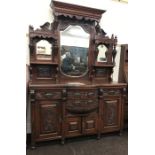 Victorian mirror backed side board carved draw front and panels 3 mirrors on top