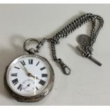 Antique silver open face pocket watch and silver double Albert watch chain