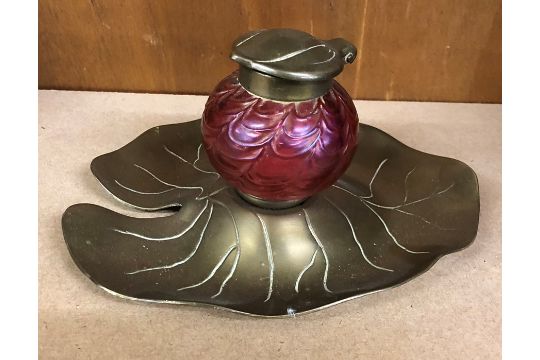 Art Nouveau styled brass and pink glass inkwell