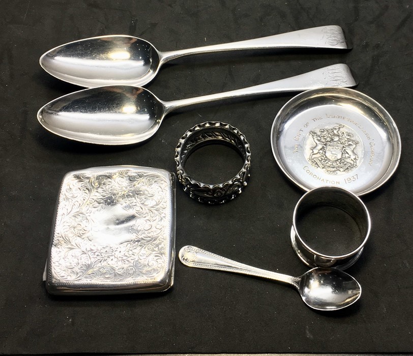 selection of silver item includes 2 georgian silver table spoons cigarette case etc total weight 320 - Image 2 of 3