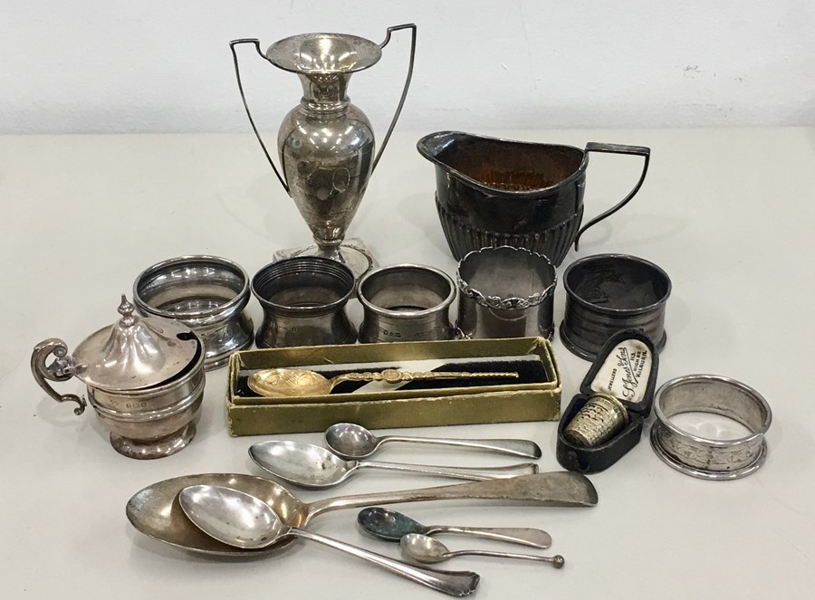 Selection Silver items includes silver cream jug napkin rings spoons etc total silver weight 370g