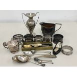 Selection Silver items includes silver cream jug napkin rings spoons etc total silver weight 370g