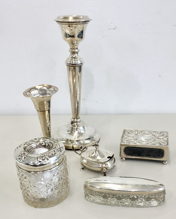 Collection of silver items, to include silver candlestick, trinket jars, mustard pot etc.