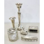 Collection of silver items, to include silver candlestick, trinket jars, mustard pot etc.