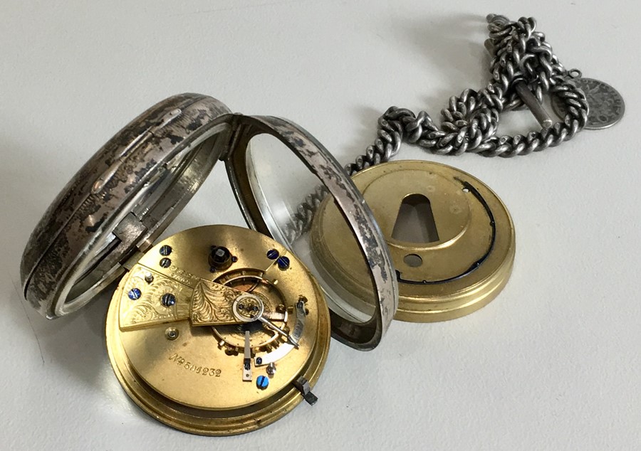 Antique silver open face pocket watch and silver double Albert watch chain - Image 3 of 3