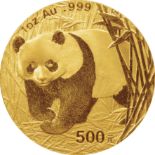 中国 (China) / ﾊﾟﾝﾀﾞ図 500元(1ｵﾝｽ)金貨 2001年 KM1371 / 未使用 / Panda 500 Yuan (1oz) Gold / UNC