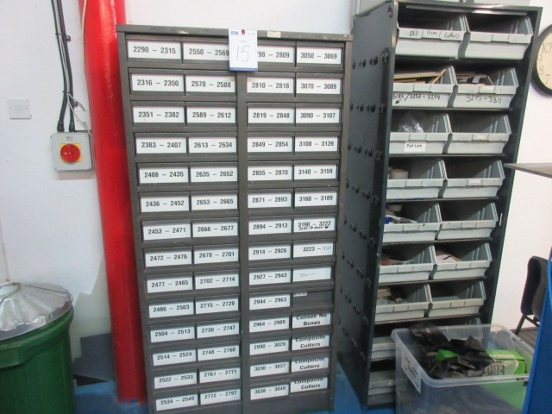 A Qty of assorted special cutters in and including 56 drawer storage unit.