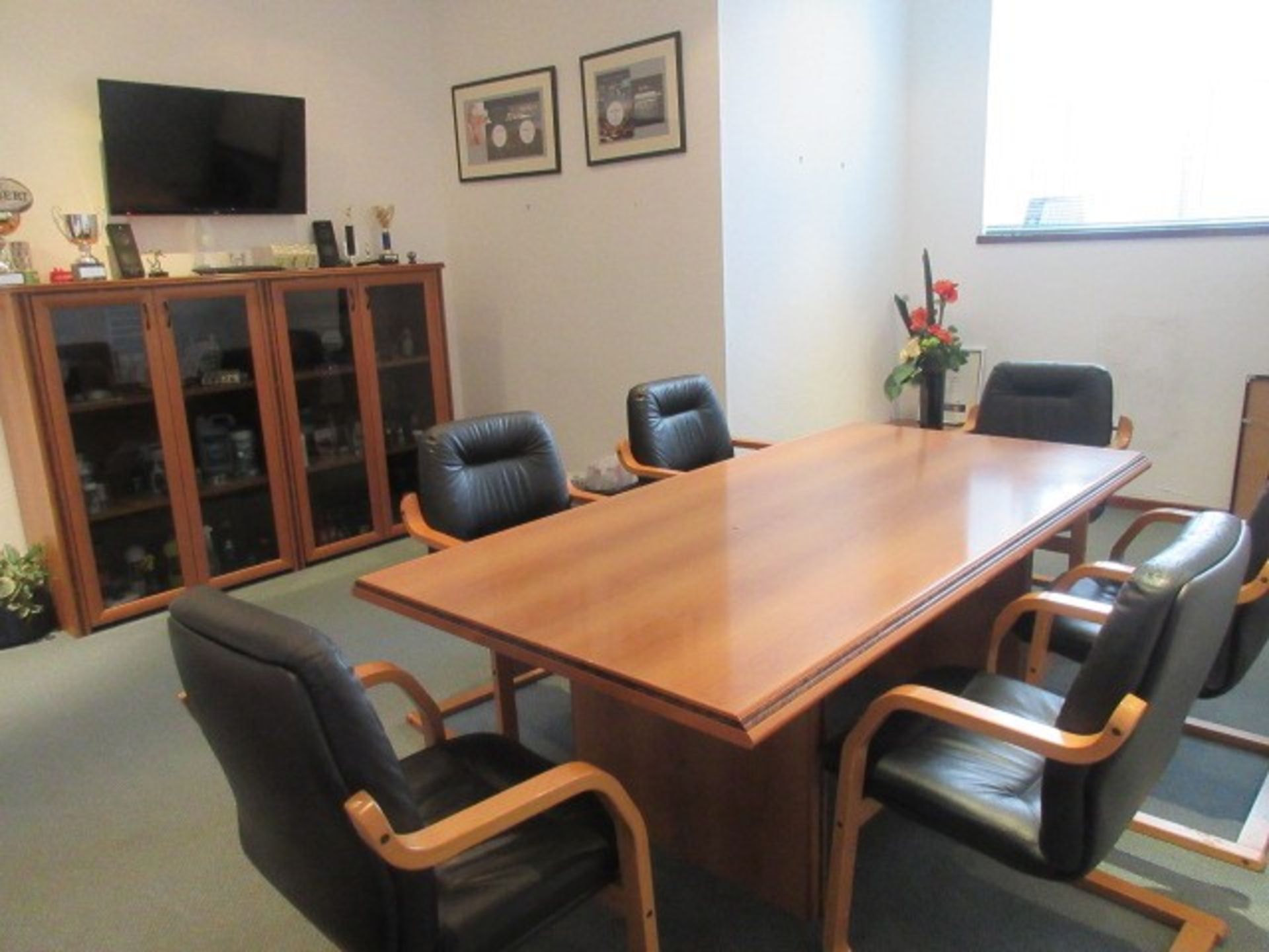 Boardroom table with 6 chairs, display cabinet, side cabinet & side table