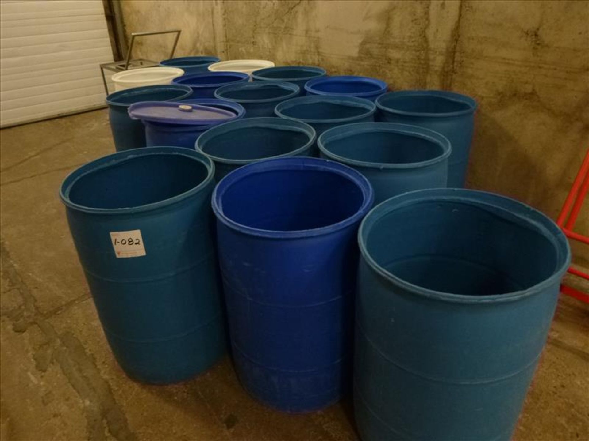 (30) blue/white plastic barrels (through out production areas) (Chillers)