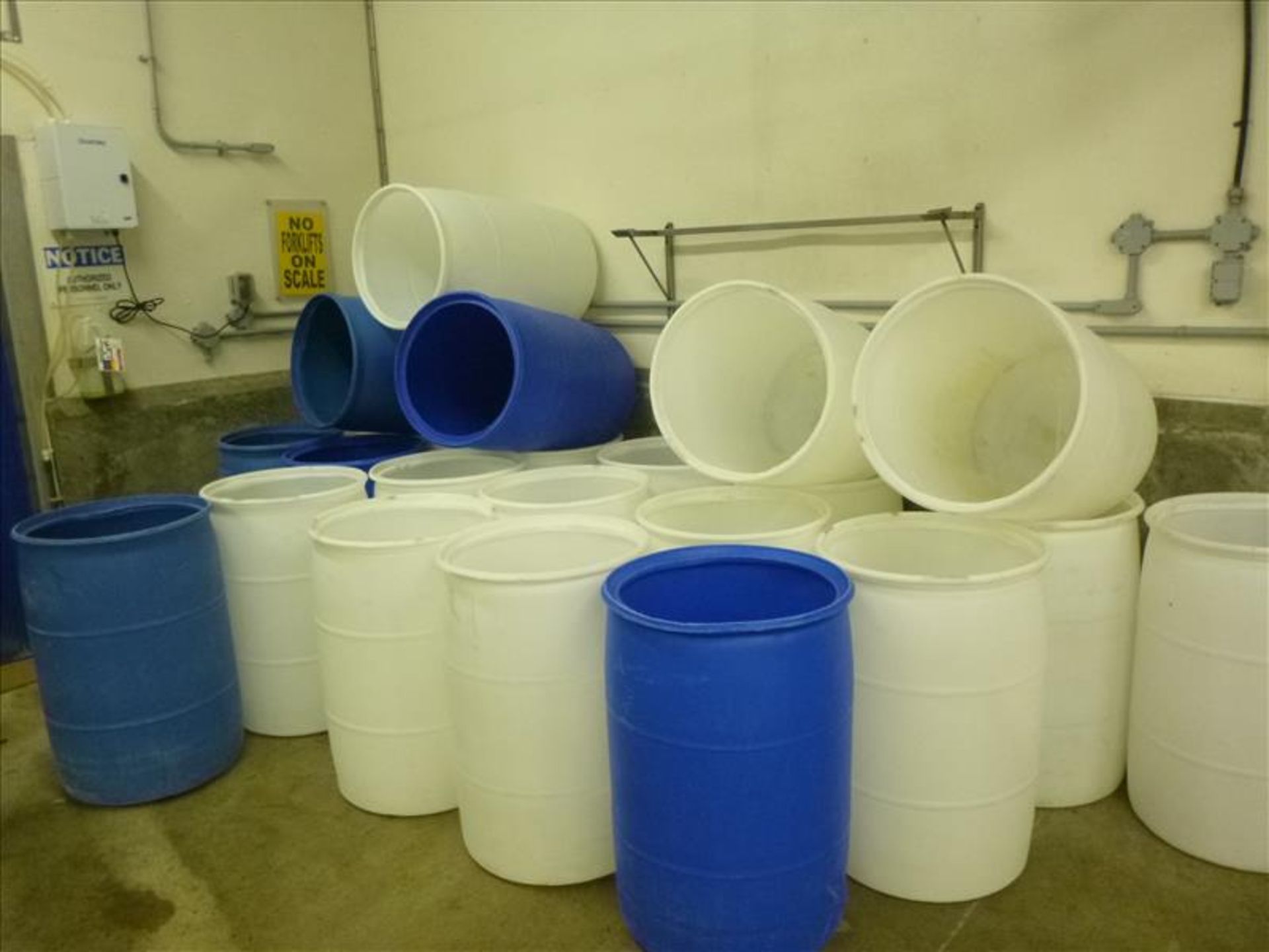 (30) blue/white plastic barrels (through out production areas) (Chillers) - Image 2 of 2