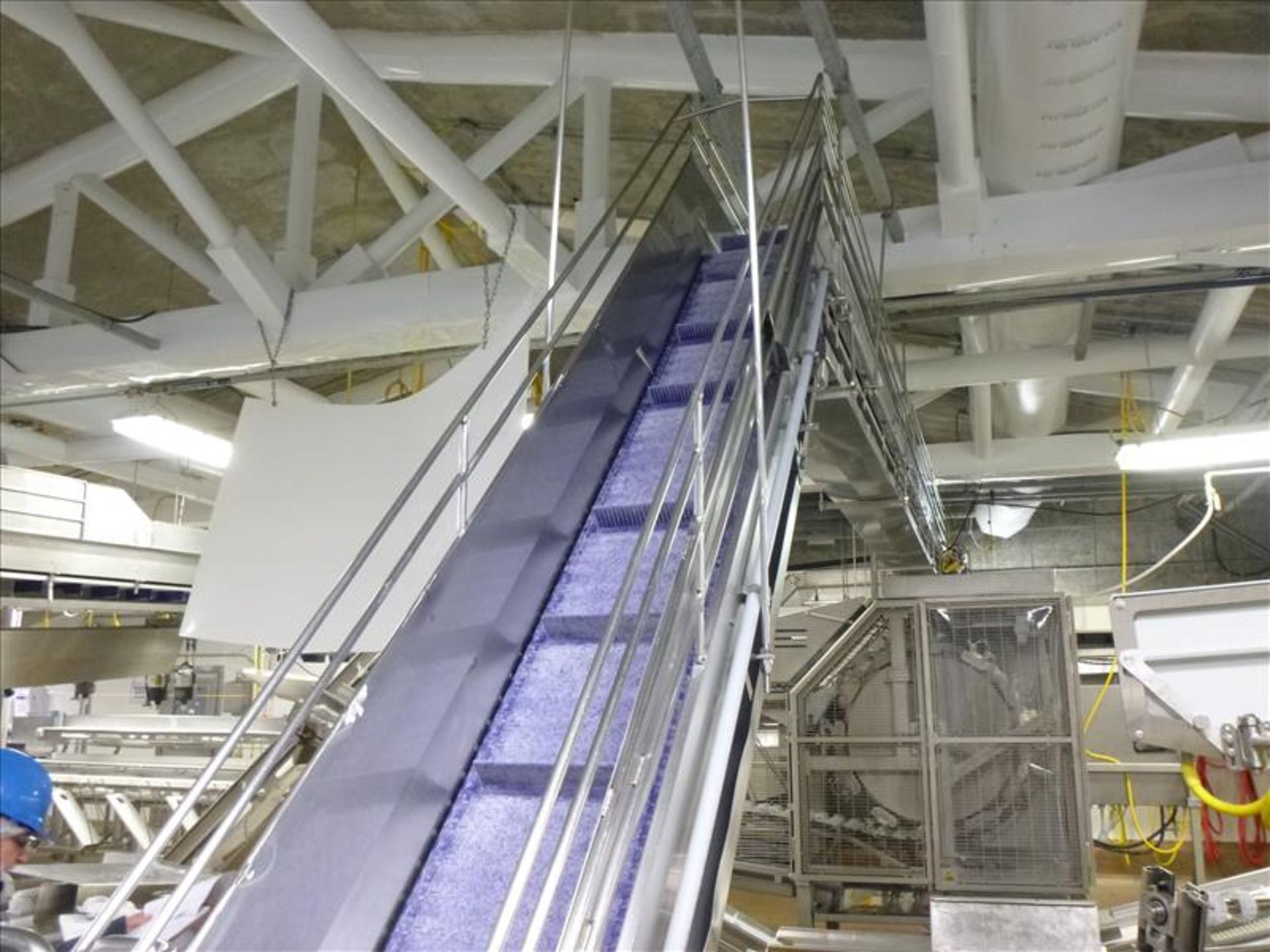 approx. 16 in. x 35 ft. s/s frame north/south belt conveyor c/w incline, overhead section, & cleate