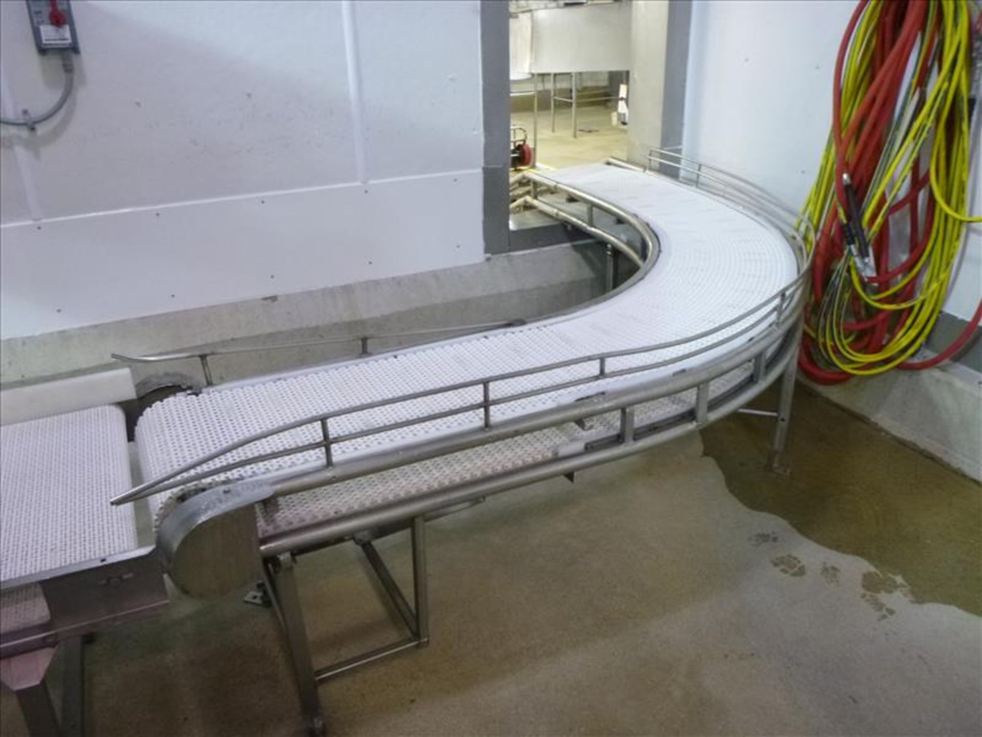 approx. 16 in. x 14 ft. s/s frame, curved, box belt conveyor c/w flat plastic belt (Upper