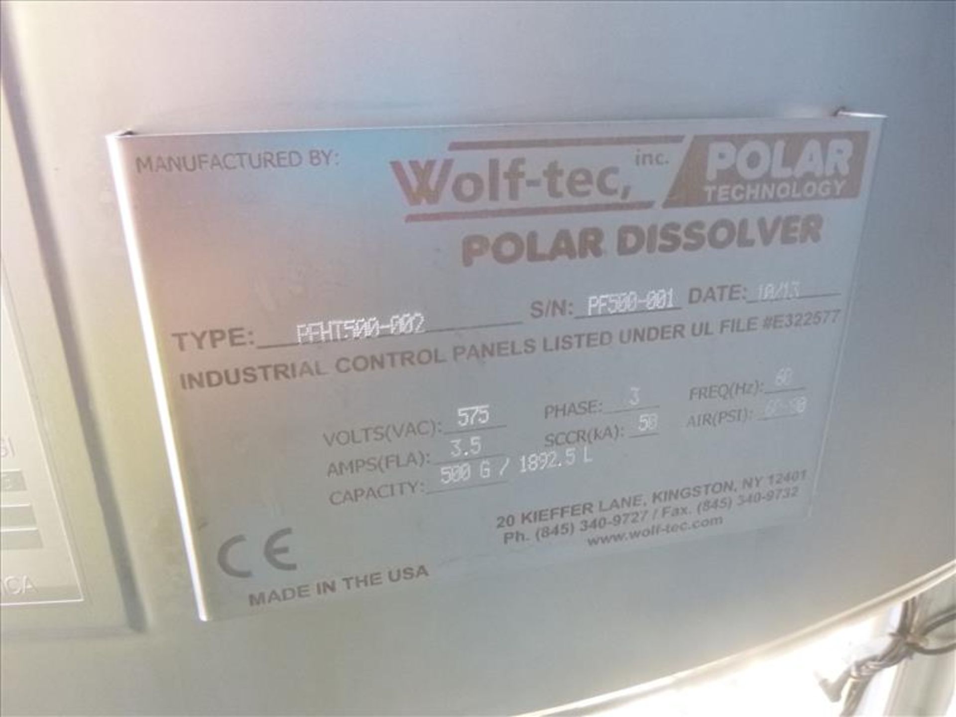 Wolf-tech PolarFusion s/s holding tank, mod. PFHT500-002, ser. no. PF500-001 (2013) 500 gal. cap., - Image 5 of 5