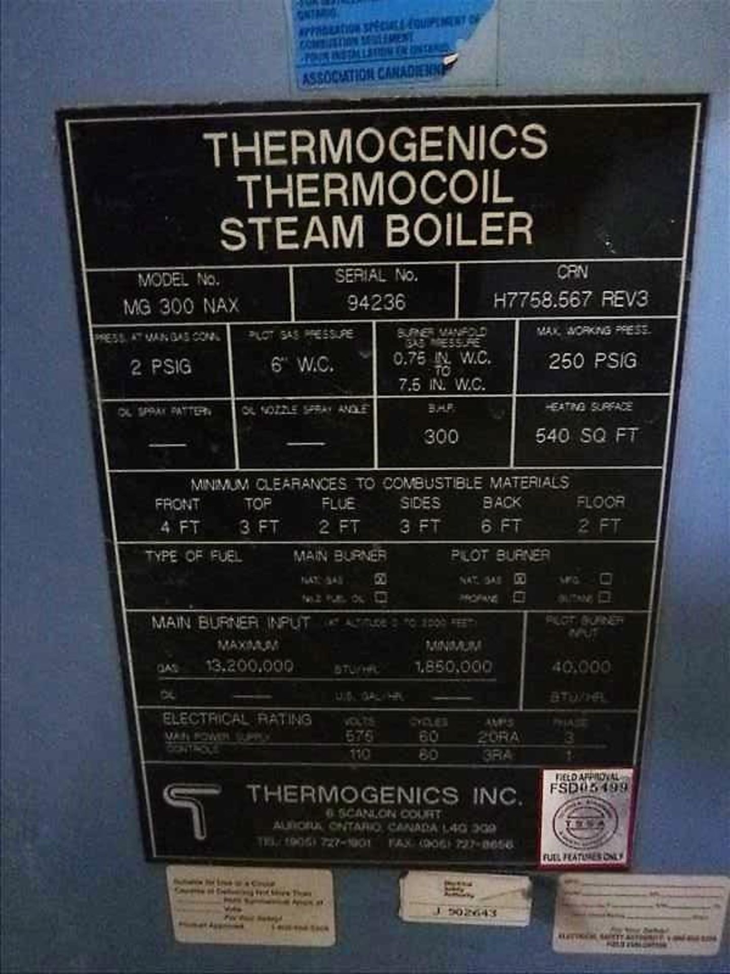Thermogenics thermocoil steam boiler (no. 6), mod. MG300 NAX, ser. no. 94236, 1,850,000 BTU, 365 hp, - Image 2 of 2