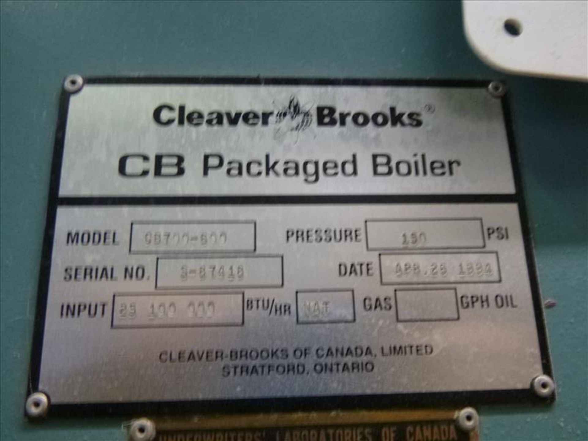 CleaverBrooks packaged boiler (no. 5), mod. CB700-600, ser. no. S-87418 (1994), 25,100,00 BTU, 400 - Image 2 of 4