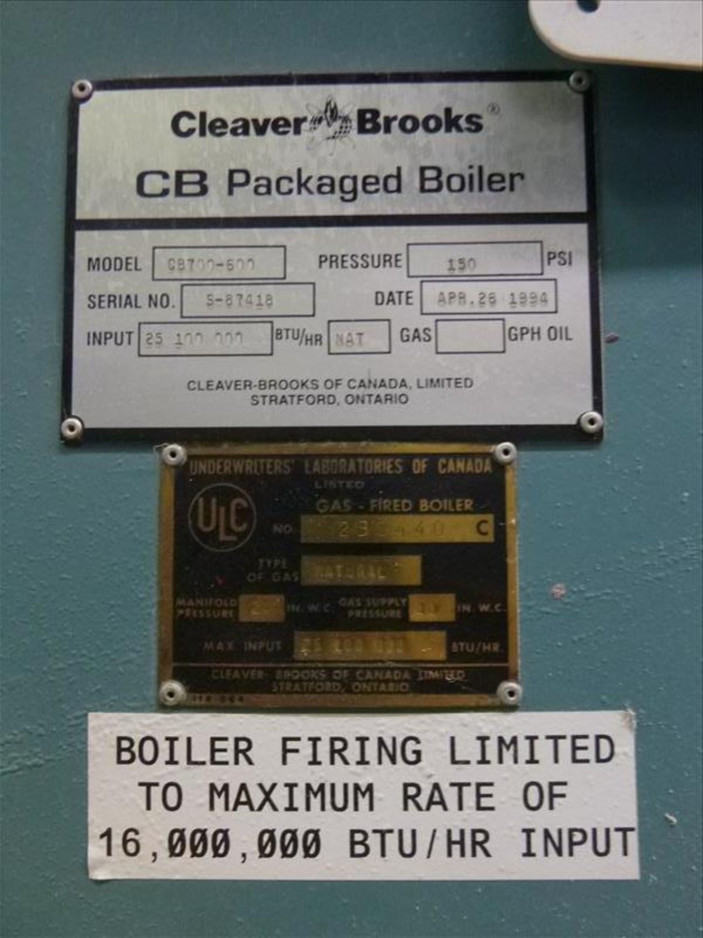 CleaverBrooks packaged boiler (no. 5), mod. CB700-600, ser. no. S-87418 (1994), 25,100,00 BTU, 400 - Image 3 of 4