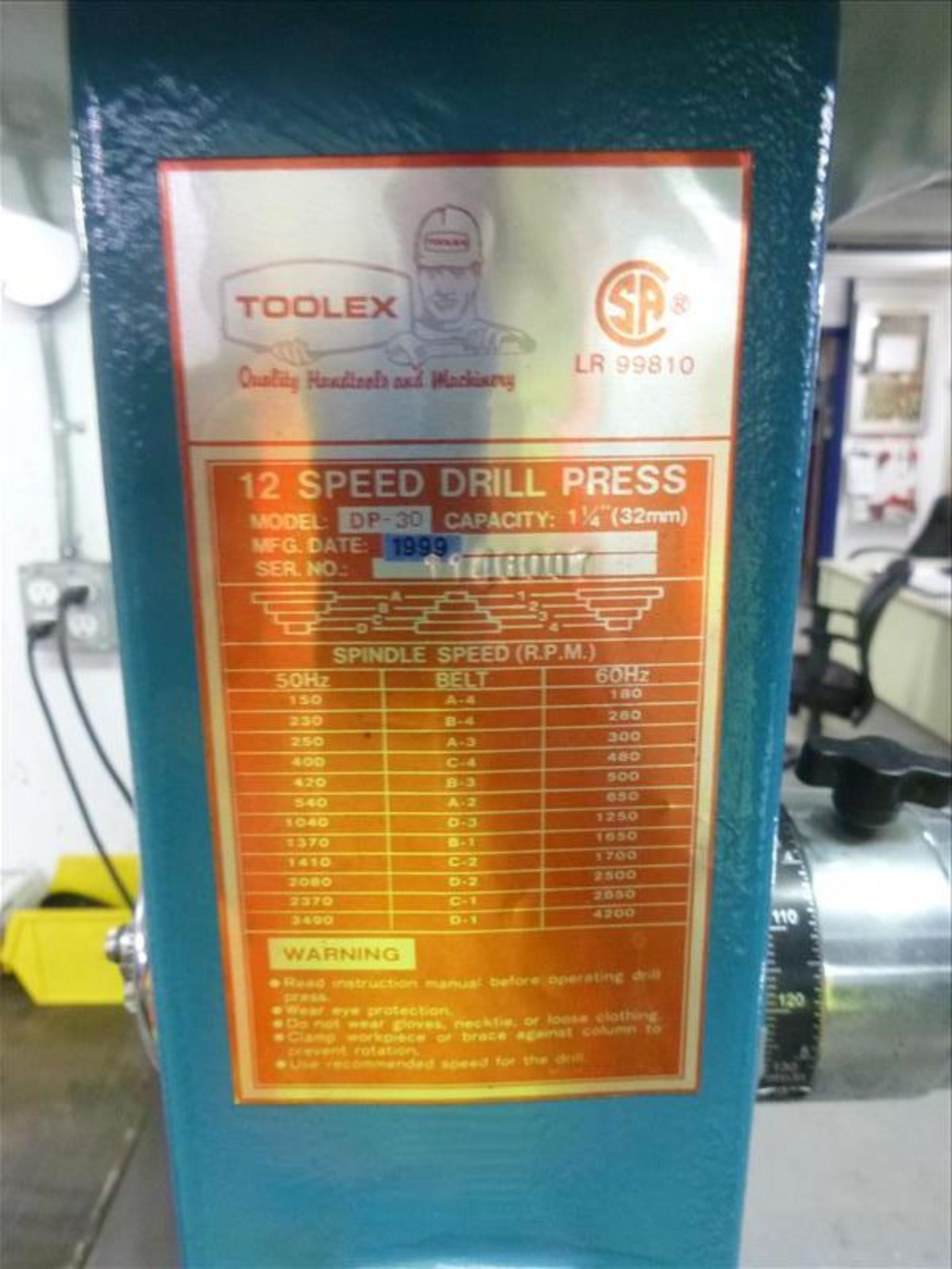 Toolex pedestal drill press, mod. DP-30, ser. no. 1146007 (1999), 12-speed c/w 4 in. machine vice( - Image 2 of 2