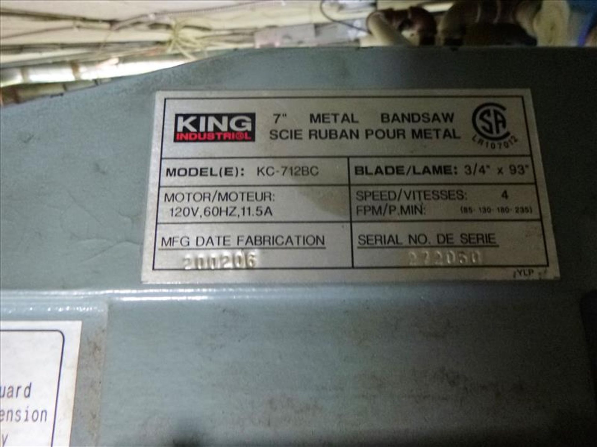 King metal band saw, mod. KC-712BC, ser. no. 272050, 7 in. (2002) (Located in Mississauga, ON) - Bild 2 aus 2