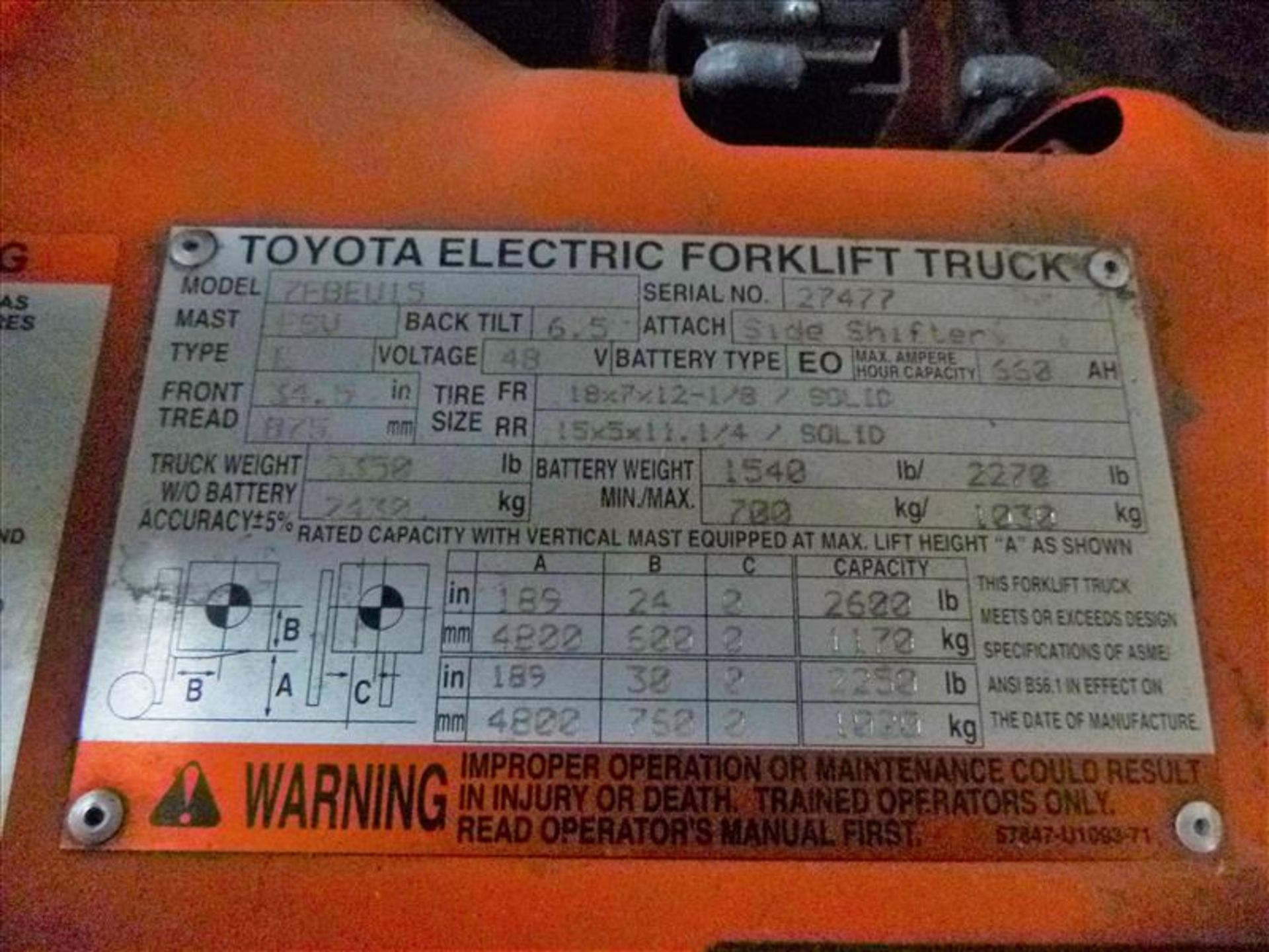 Toyota fork lift truck, mod. 7FBEU15, ser. no. 27447, 2600 lb. cap., 48V, 3-stage, side-shift, 3- - Image 3 of 4