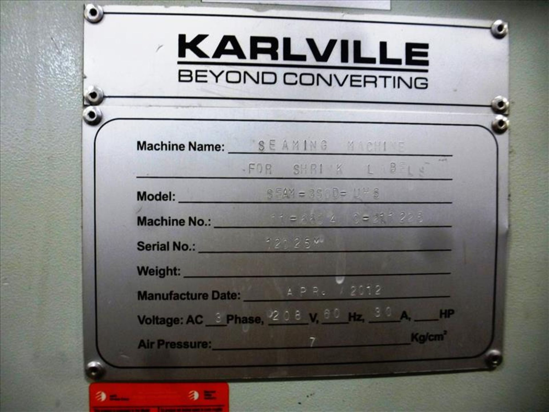2012 Karlville K4 shrink label seaming machine, model SEAM-350D-UHS, machine no. 11-6654 C-211225, - Image 6 of 7