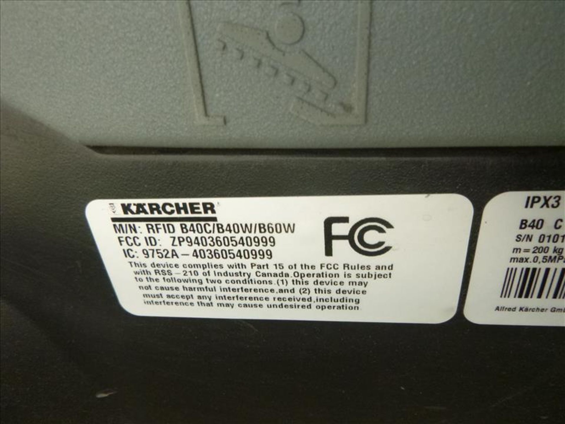 Karcher floor scrubber, mod. RFIDB40C/B40W/B60W, ser. no. 010172, walk-behind, integrated charger ( - Image 3 of 4