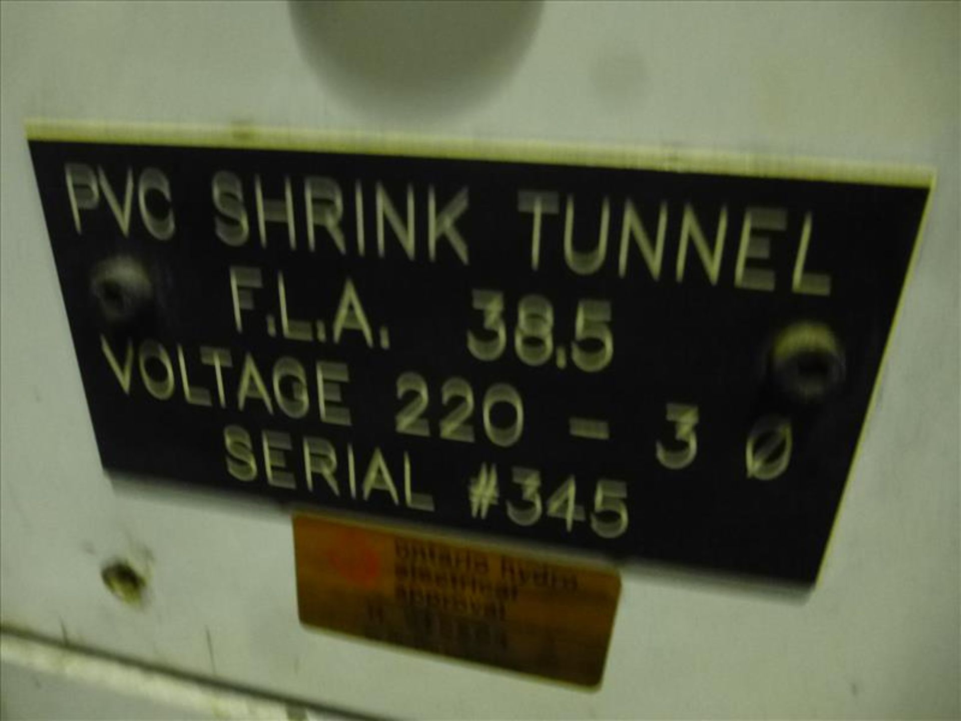 (custom-built) tamper-evident band film pre-former PVC shrink tunnel, c/w pass-through conveyor, - Bild 3 aus 3