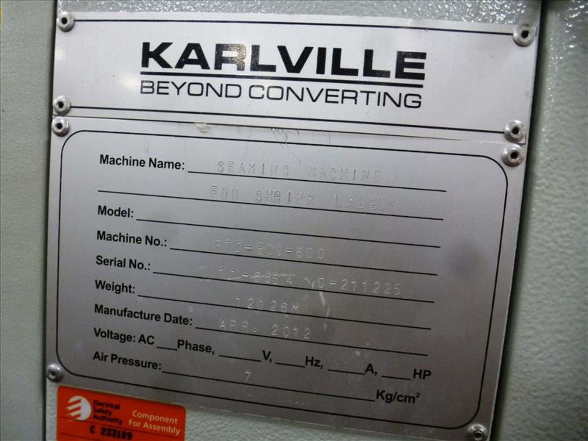 2012 Karlville K4 shrink label seaming machine, model SEAM-350D-UHS, machine no. 11-6654 C-211225, - Image 7 of 7