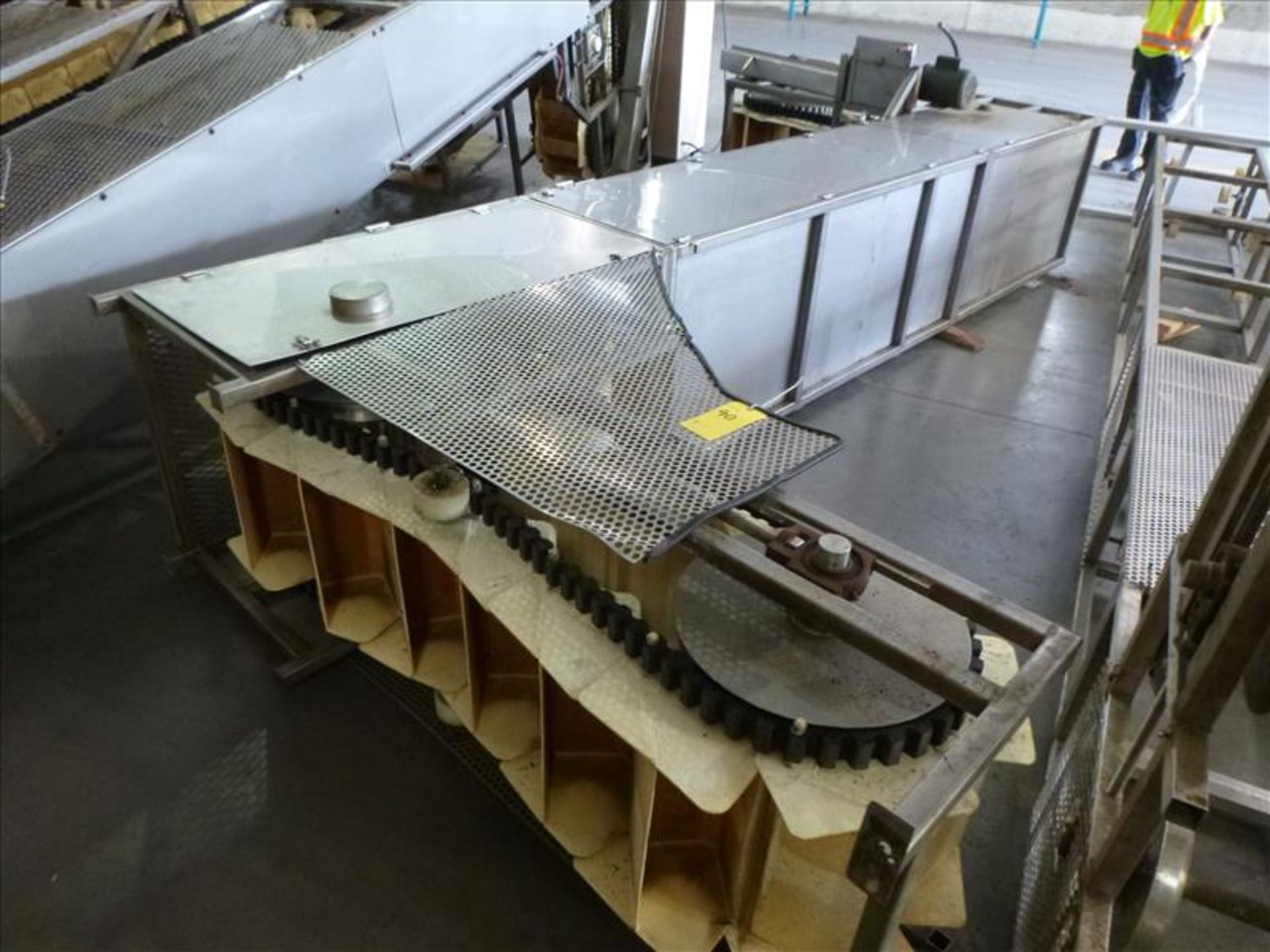 bucket elevator conveyor, s/s, approx. 7 ft horizontal base x 15 ft vertical x 6 ft top