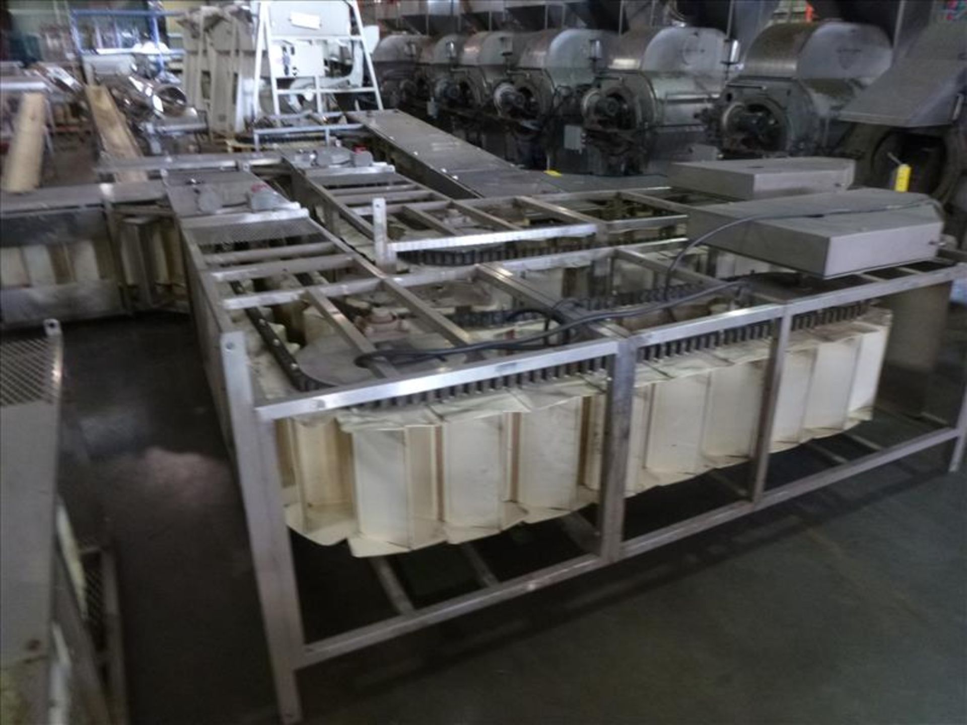 bucket elevator conveyor, s/s, approx. 7 ft horizontal base x 16 ft vertical x 10 ft top horizontal,