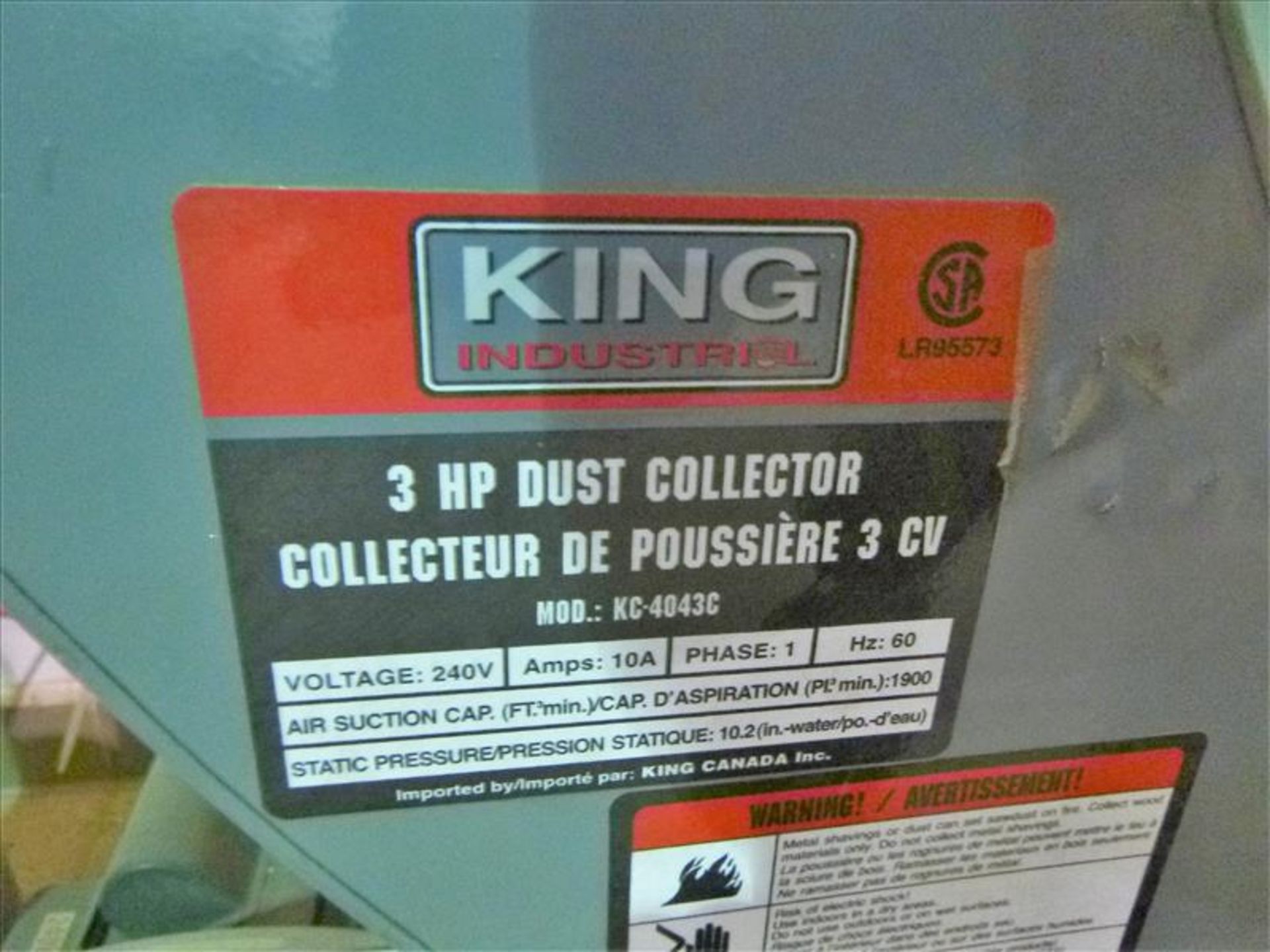 King Industries dust collector, mod. KC-4043C, 3 hp, c/w 4" dust collection kit - Image 2 of 4