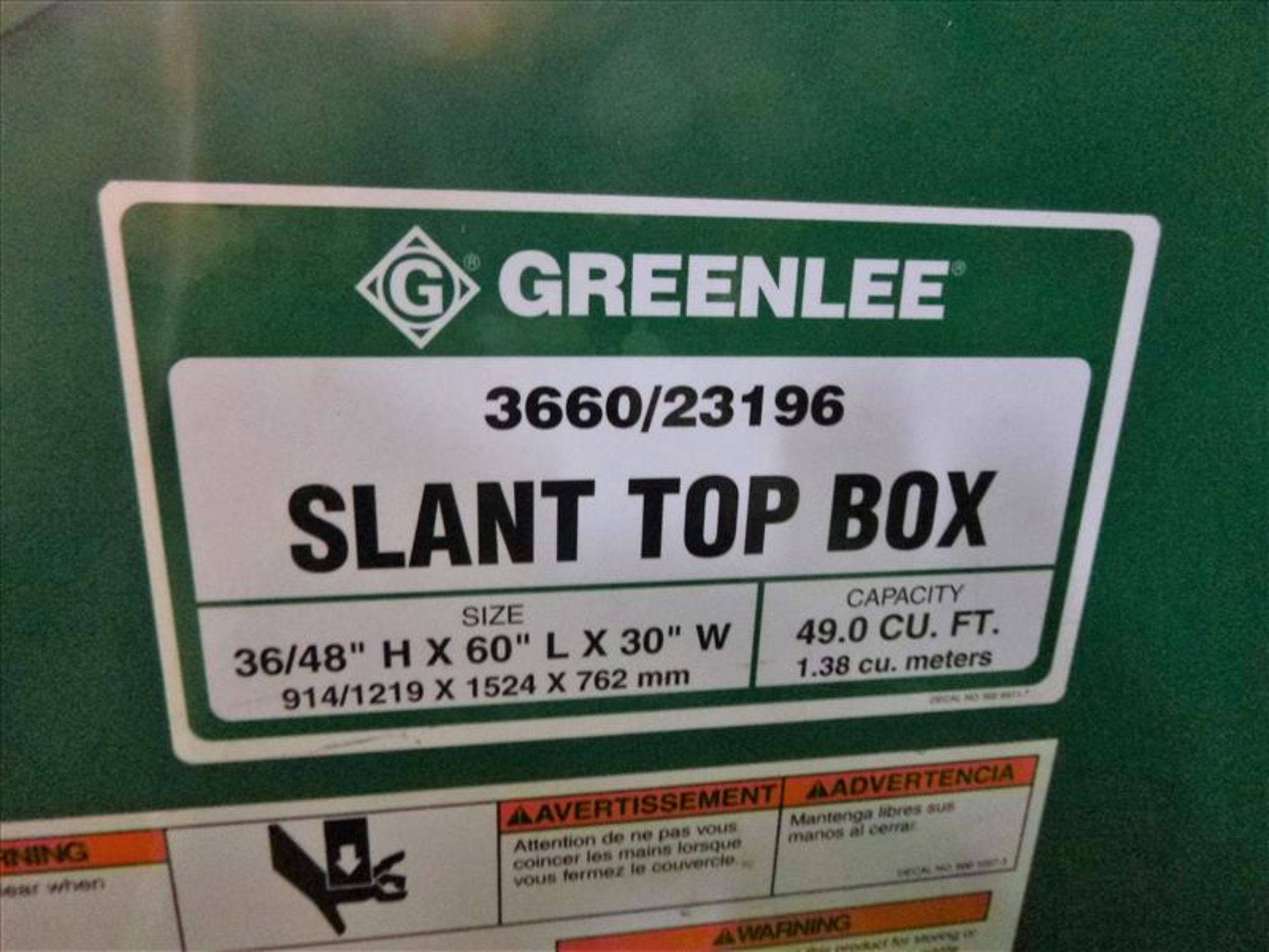 Greenlee slant-top job box, mod. 3660/23196, 49 cu. ft., 36/48" H x 60" L x 30" W - Image 2 of 2