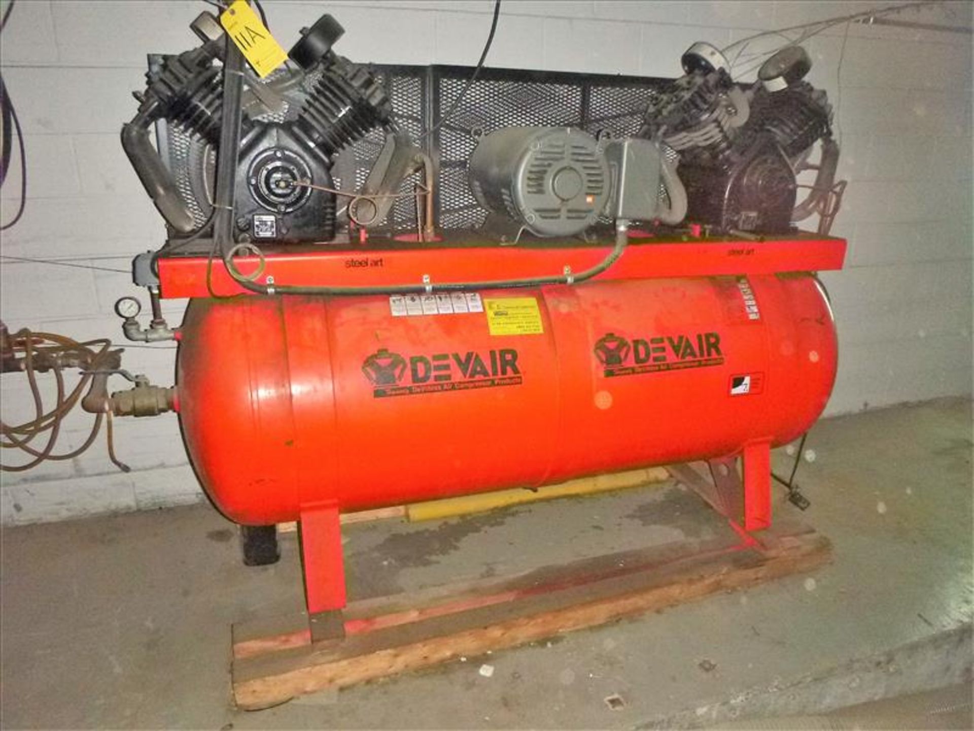 DeVair air compressor, 25 hp, dual 447 pumps, 240 gal., 300 psi max.