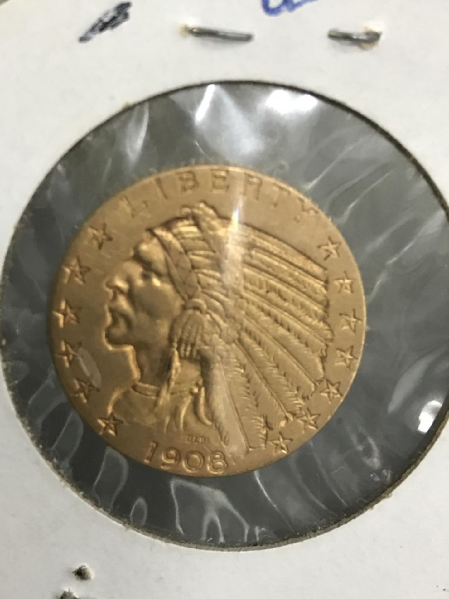 $5 US Gold Indian 1908 AV 50 - Image 5 of 9