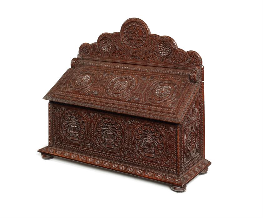 A late 19th century North European chip-carved beech stationery box